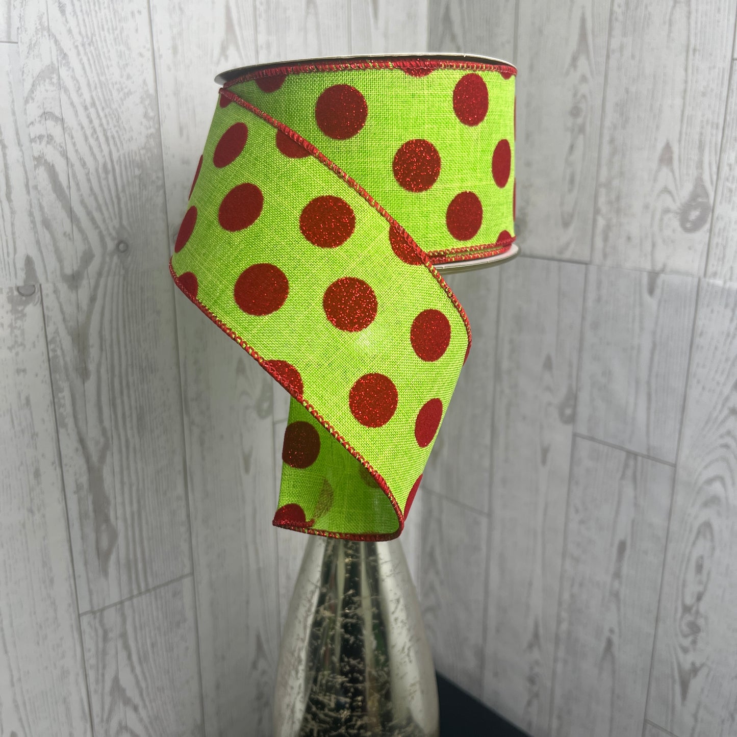 2.5"X10YD VELVET/GLITTER POLKA DOTS Red Lime Green