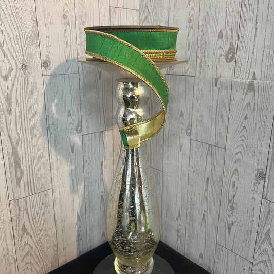 1" Wired Dupioni Ribbon | Emerald Green w/ Metallic Backing | 10 Yard Roll