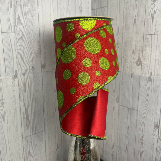 4"X10YD GIANT MULTI POLKA DOTS/FUSED Red Lime