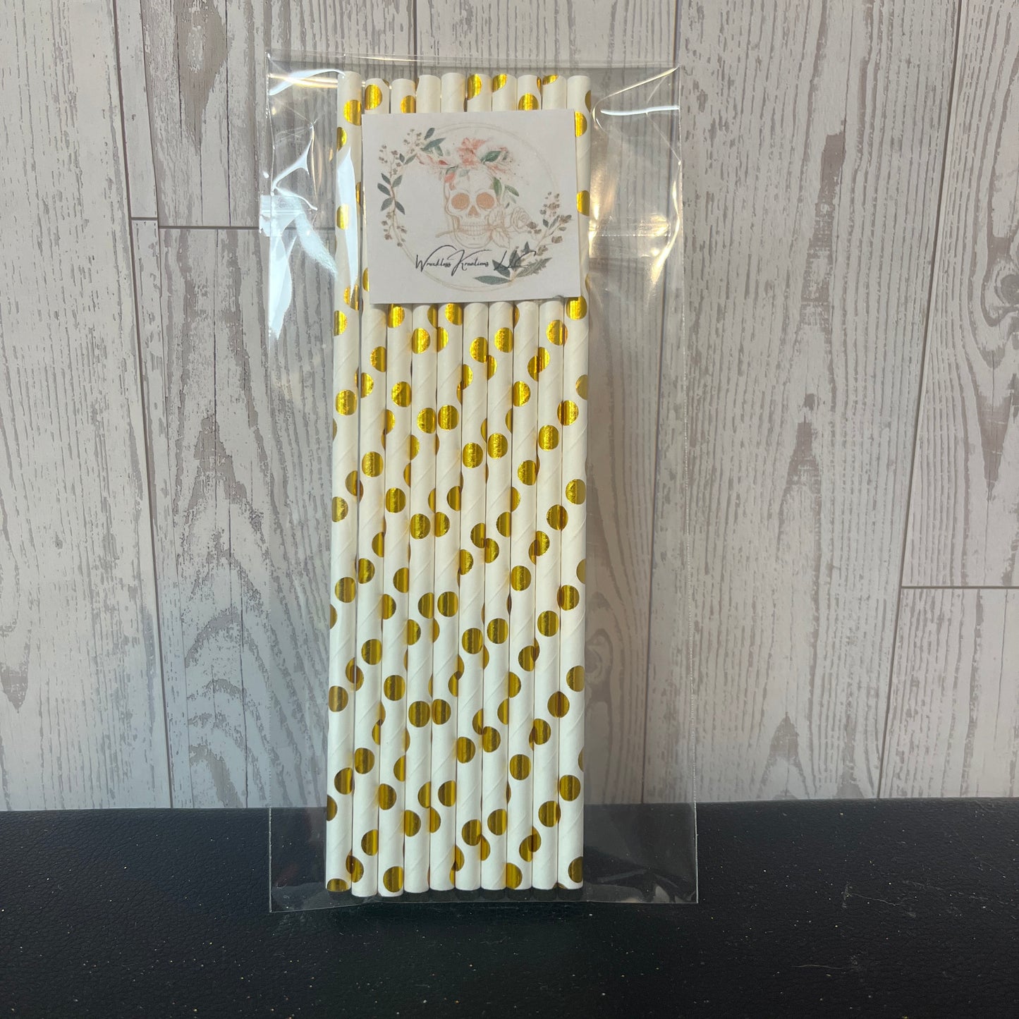 Paper Straws (10 pack) White with Metallic Gold dots