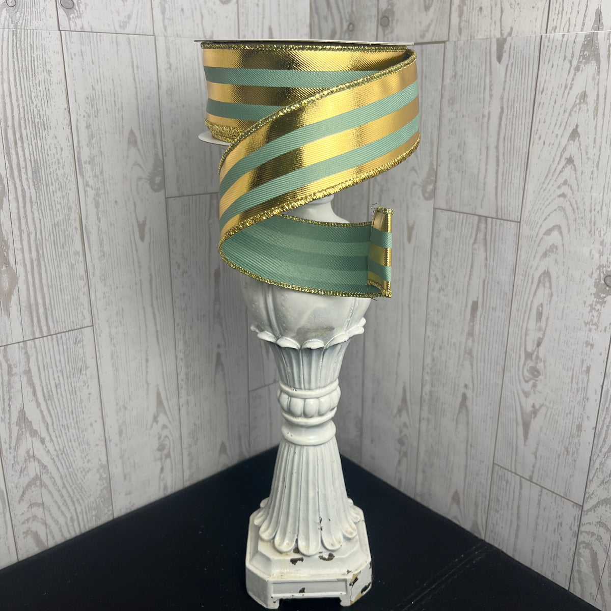 1.5"X10YD METALLIC VERTICAL STRIPES Sage Green and Gold