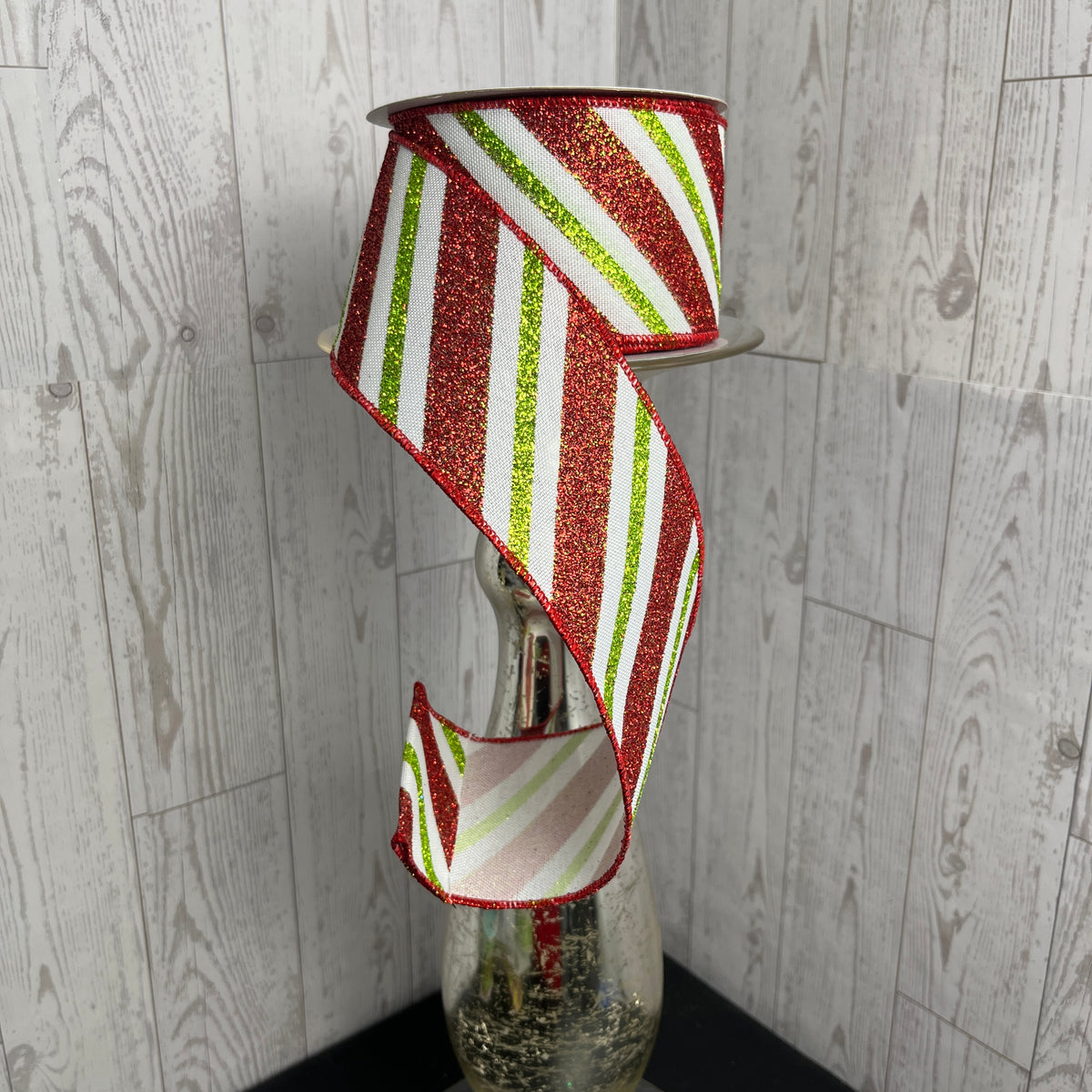 2.5"X10YD DIAGONAL GLITTER STRIPE/ROYAL White Red Lime