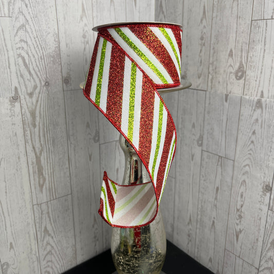 2.5"X10YD DIAGONAL GLITTER STRIPE/ROYAL White Red Lime