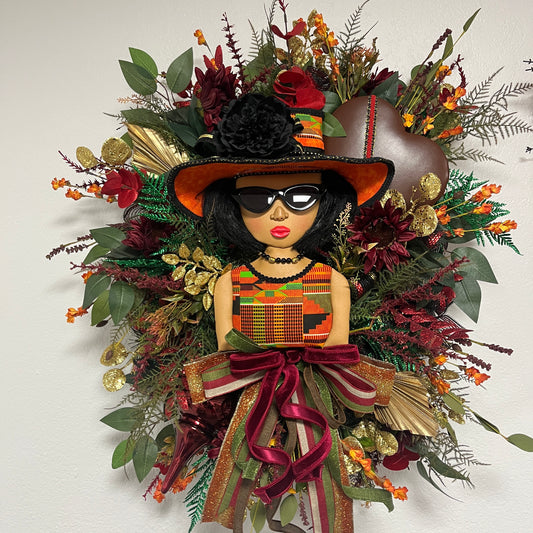 24” Brown Woman with glasses and hat Wreath