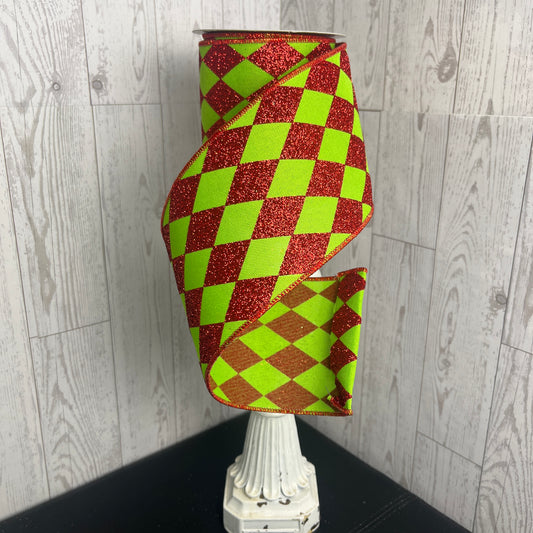 4"X10YD HARLEQUIN CHECK Red Lime Green
