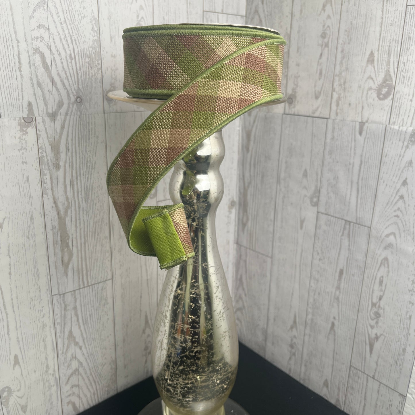 1.5"X10YD DIAG WOVEN CHECK/PG FUSED Green brown beige