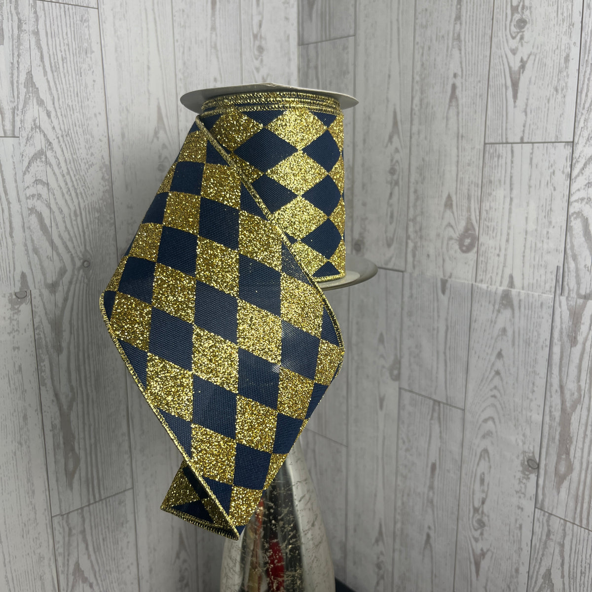 4"X10YD HARLEQUIN CHECK Navy Blue Gold