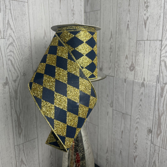 4"X10YD HARLEQUIN CHECK Navy Blue Gold