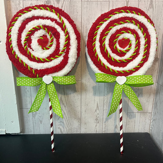 2 Red & White with lime green Yarn lollipops set (sold as 2)