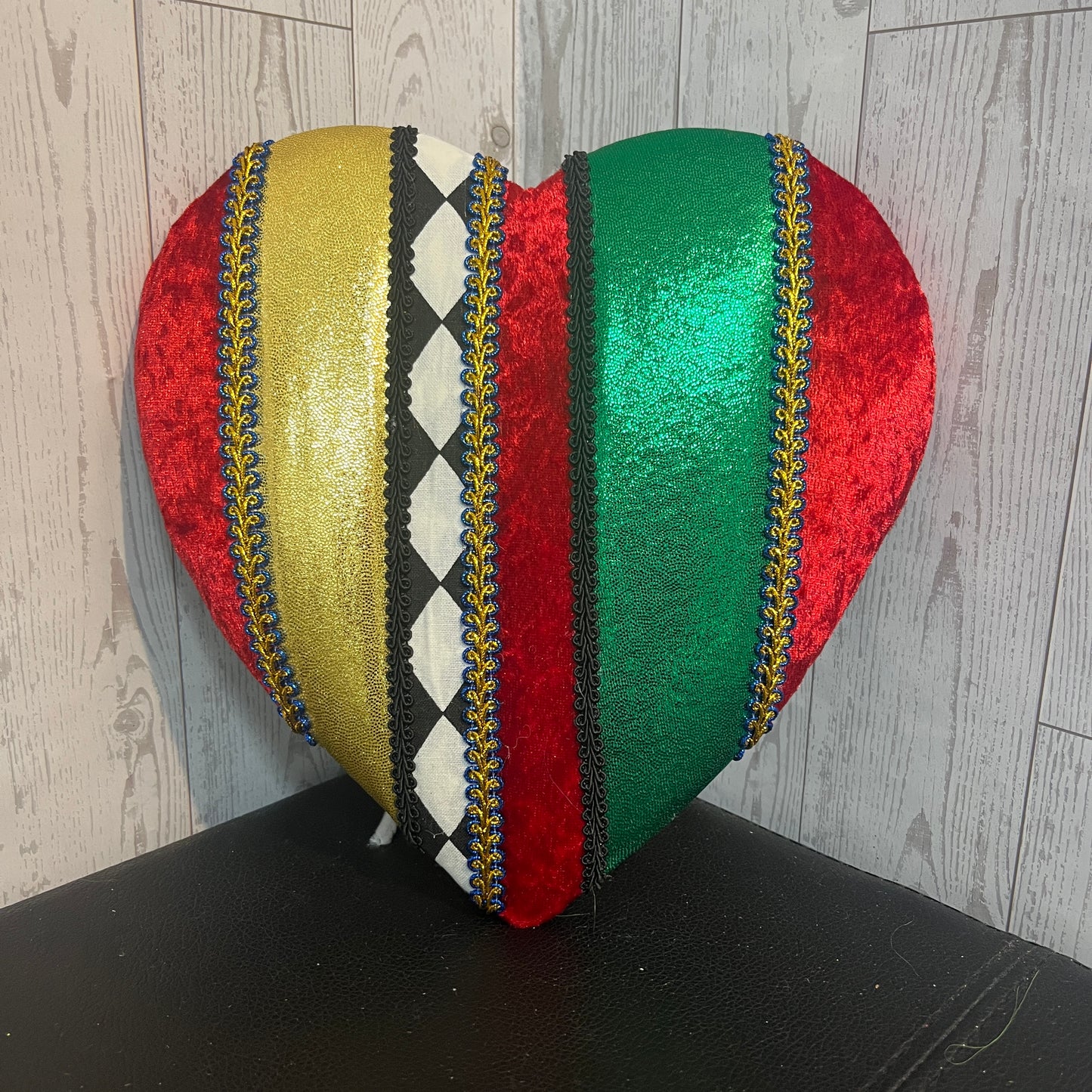 8.5" Harlequin, Red , green and gold with blue Heart Attachment
