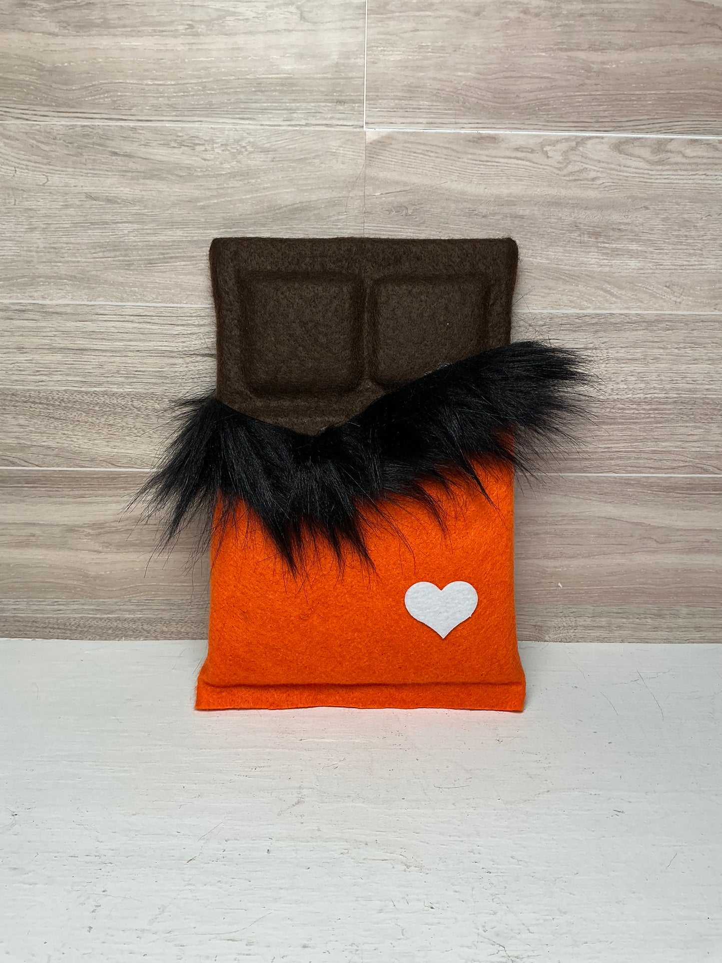 Faux Chocolate Candy Bar - Orange with Black Fur (white heart)