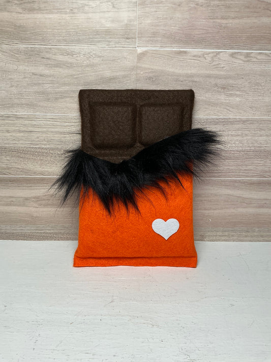Faux Chocolate Candy Bar - Orange with Black Fur (white heart)