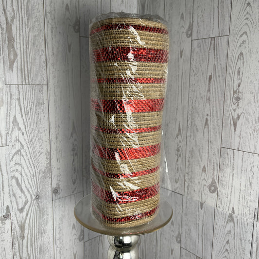 10.25"X10YD POLY/JUTE/METALLIC MESH Red Natural