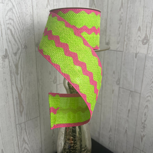 2.5"X10YD ROYAL BURLAP RIC RAC Lime Green Pink