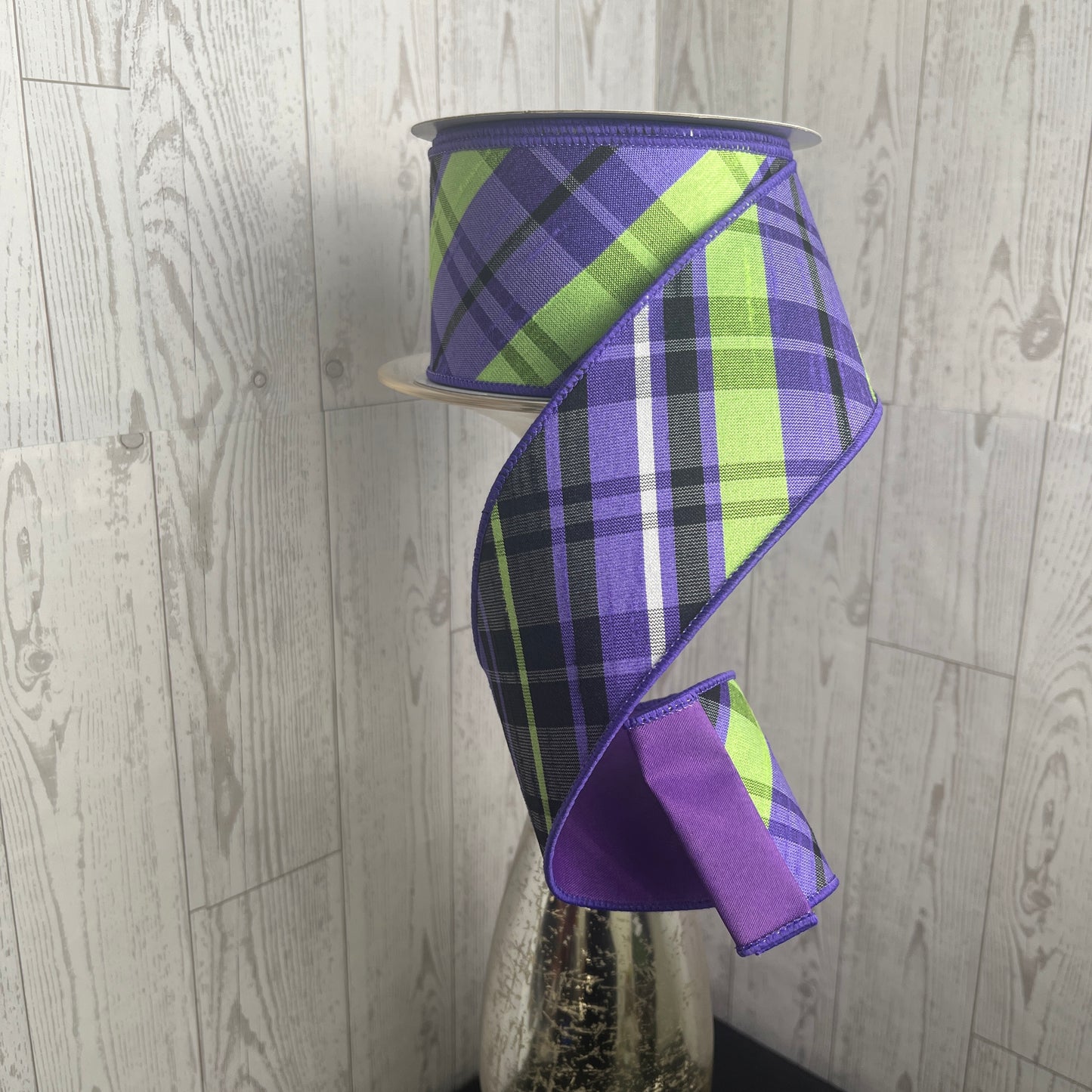 2.5"X10YD BIAS CUT DUPIONI PLAID/FUSED Purple Black White Lime