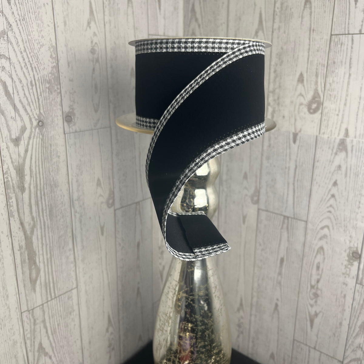 2.5"X10YD VELVET W/GINGHAM EDGE Black White