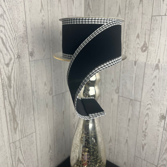 2.5"X10YD VELVET W/GINGHAM EDGE Black White