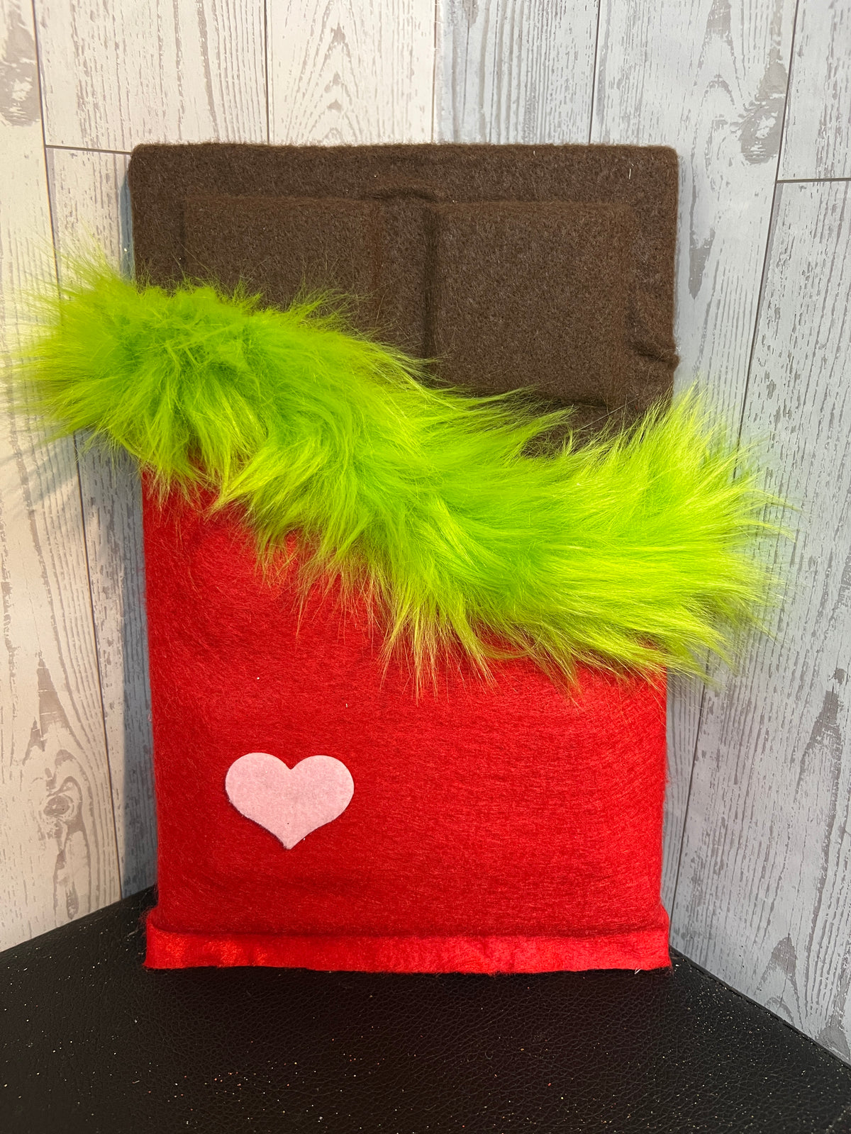 Faux Chocolate Candy Bar - Red, Lime w/fur trim & pink heart