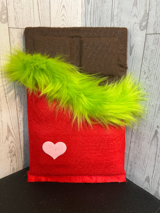 Faux Chocolate Candy Bar - Red, Lime w/fur trim & pink heart