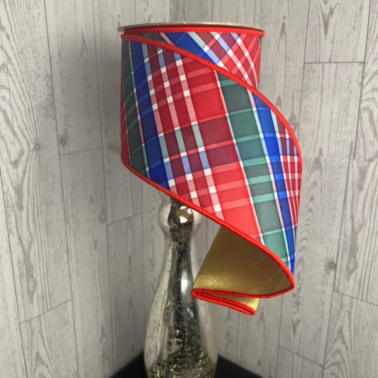 4"X10YD BOLD PLAID/FUSED Red Emerald Royal Blue
