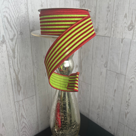 1.5"X10YD GLITTERED VELVET VERT LINES Lime Green , Red