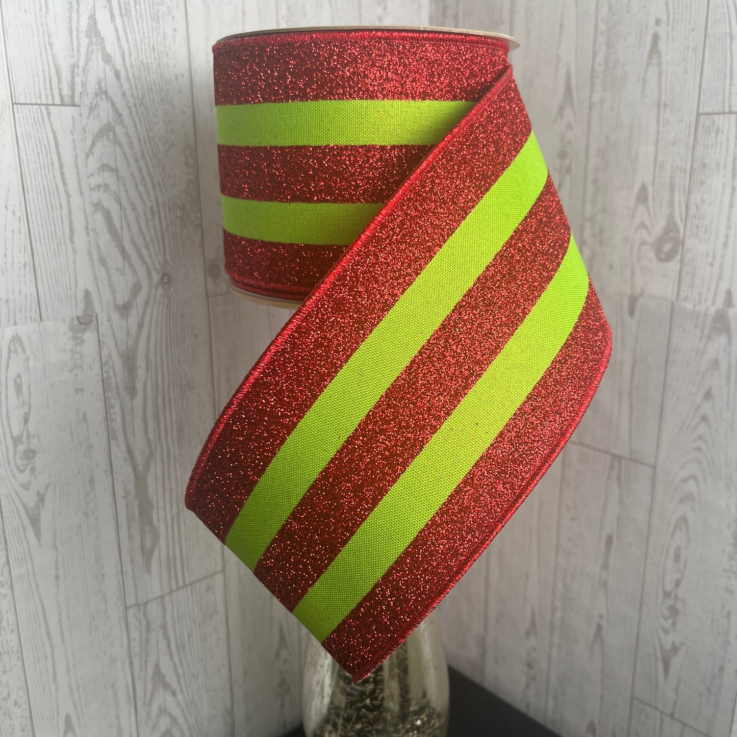4"X10YD VERT GLITTER STRIPE/FUSED Green Red