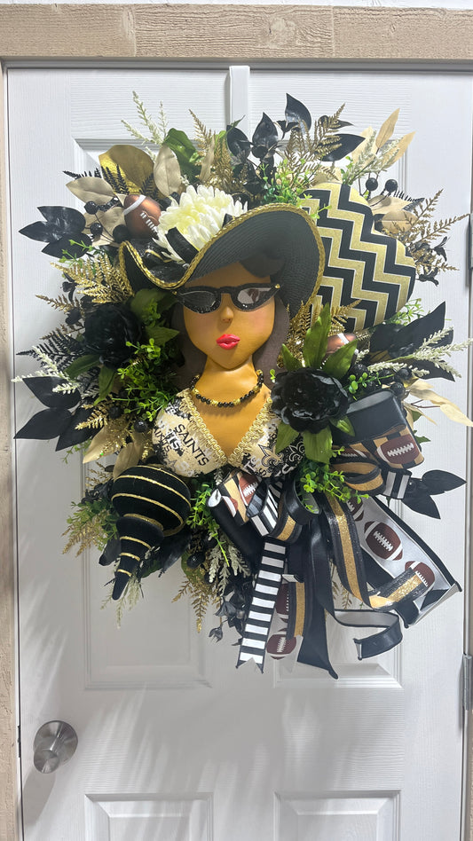24” Black and Gold themed Brown Woman with glasses and hat Wreath