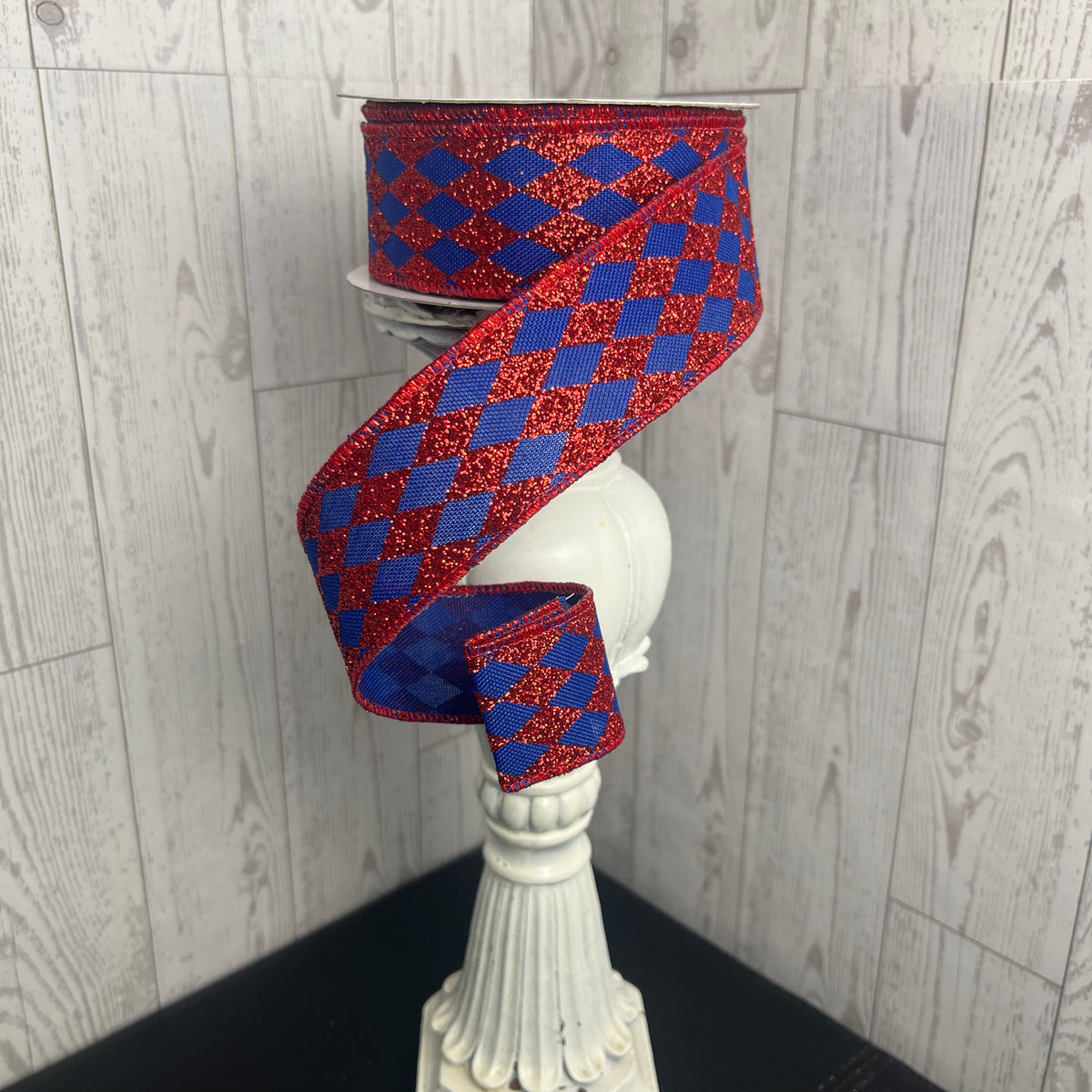 1.5"X10YD GLITTER HARLEQUIN Royal Blue Red