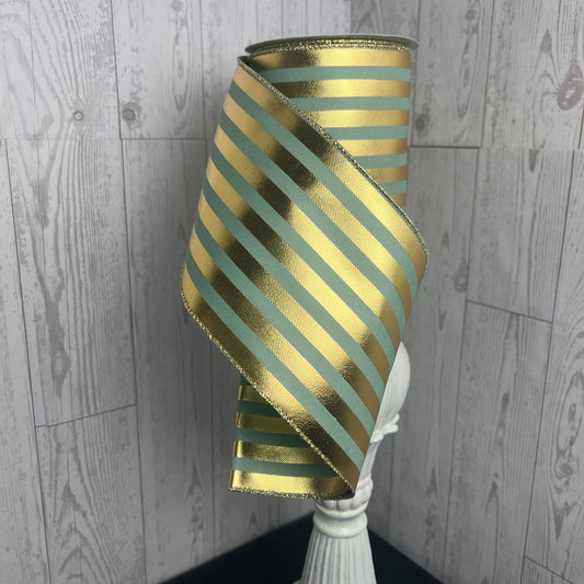 4"X10YD METALLIC VERTICAL STRIPES- Sage Green and Gold