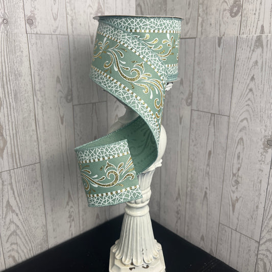 2.5"X10YD MULTI SWIRLS Sage Green White Gold