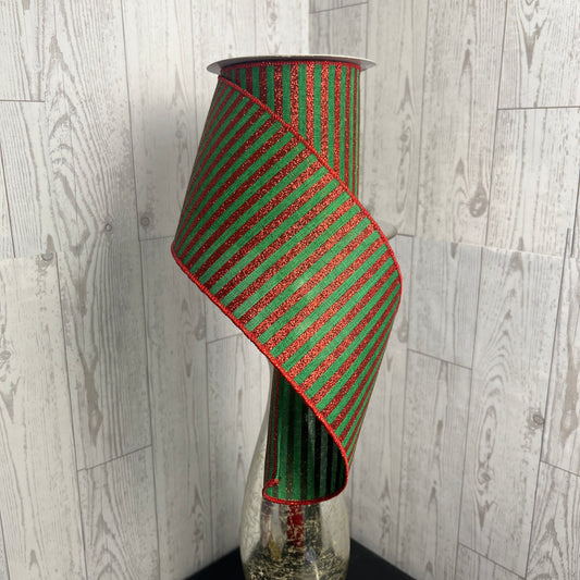 4"X10YD GLITTER STRIPE ON ROYAL Emerald Green Red
