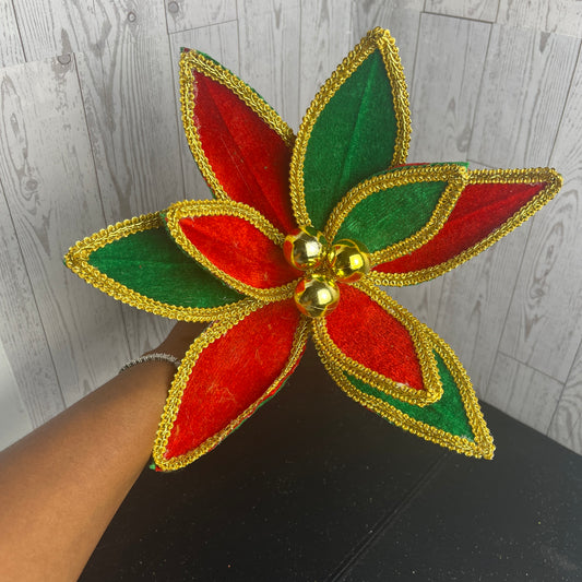 14"L VELVET POINSETTIA PICK W/LACE EDGE Red Emerald Green Gold