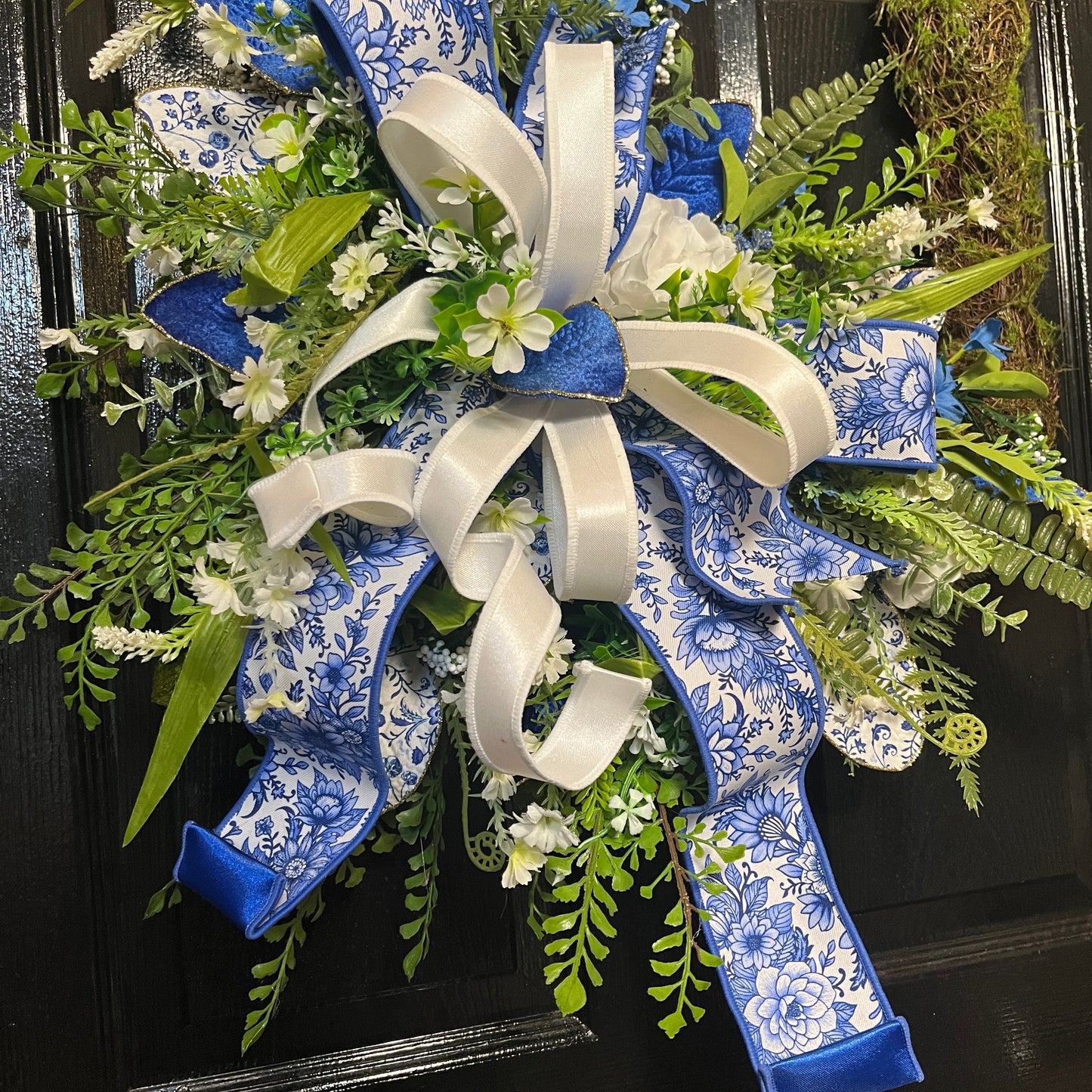 Spring Blue & White Chinoiserie Moss Rectangle Wreath