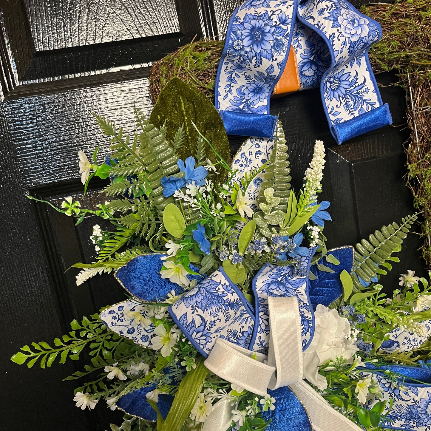 Spring Blue & White Chinoiserie Moss Rectangle Wreath