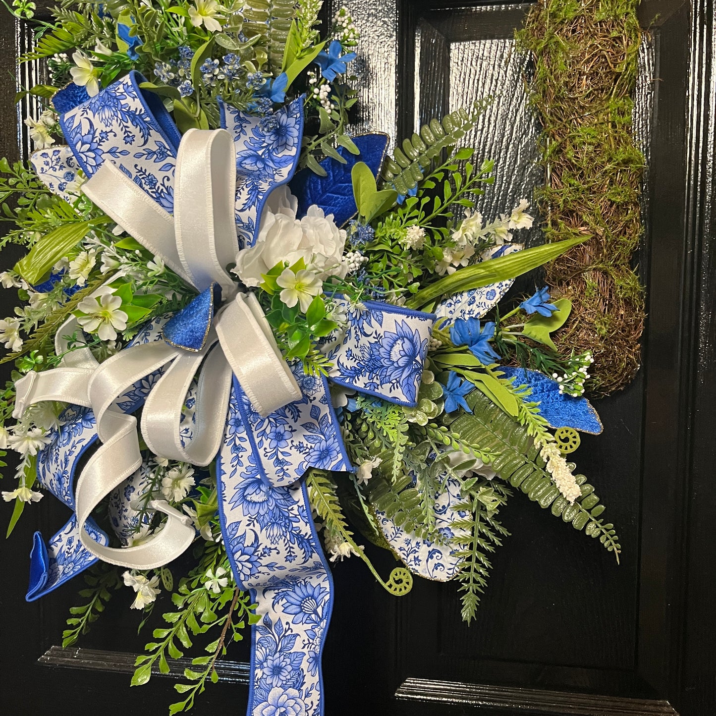 Spring Blue & White Chinoiserie Moss Rectangle Wreath