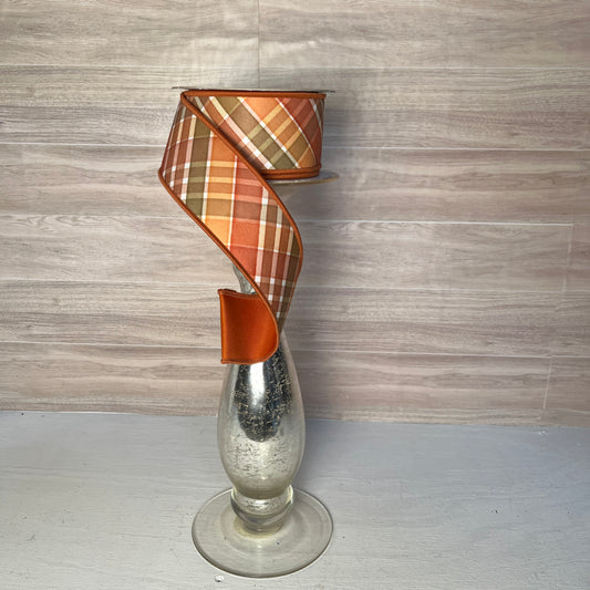 2.5"X10YD Fall Plaid Rust, Brown, Cream ribbon