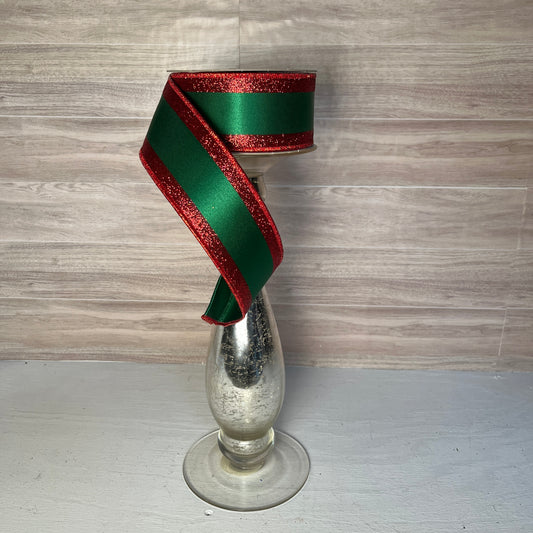 2.5"X10YD Emerald Green w Red Glitter trim Ribbon