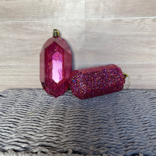 2 Assortment 5.25"L Laser Glitter Gem Ornament- Pink