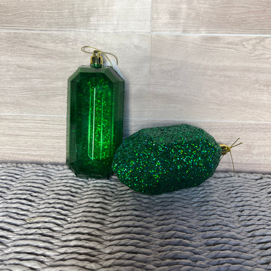 2 Assortment 5.25"L Laser Glitter Gem Ornament- Emerald Green