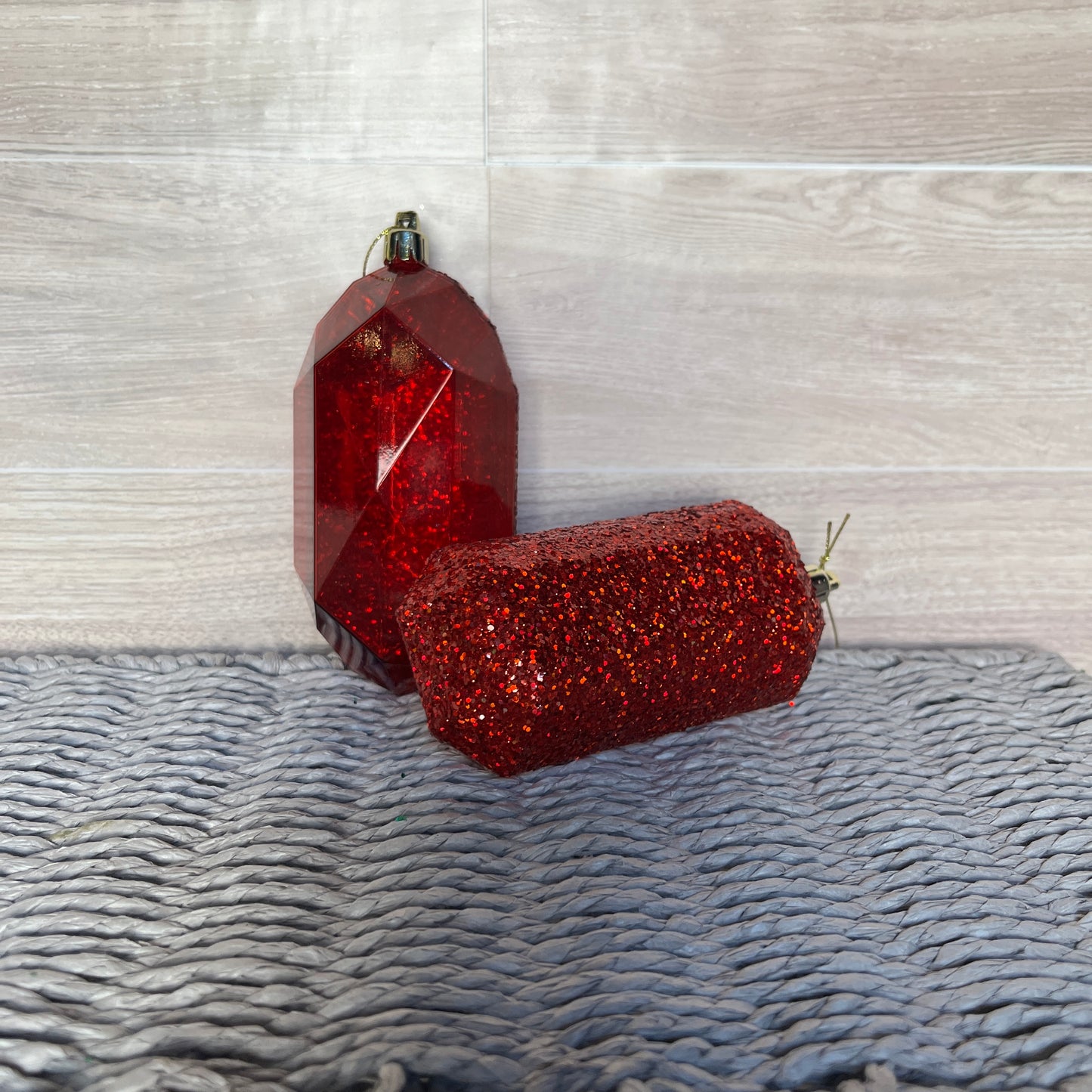 2 Assortment 5.25"L Laser Glitter Gem Ornament- Red