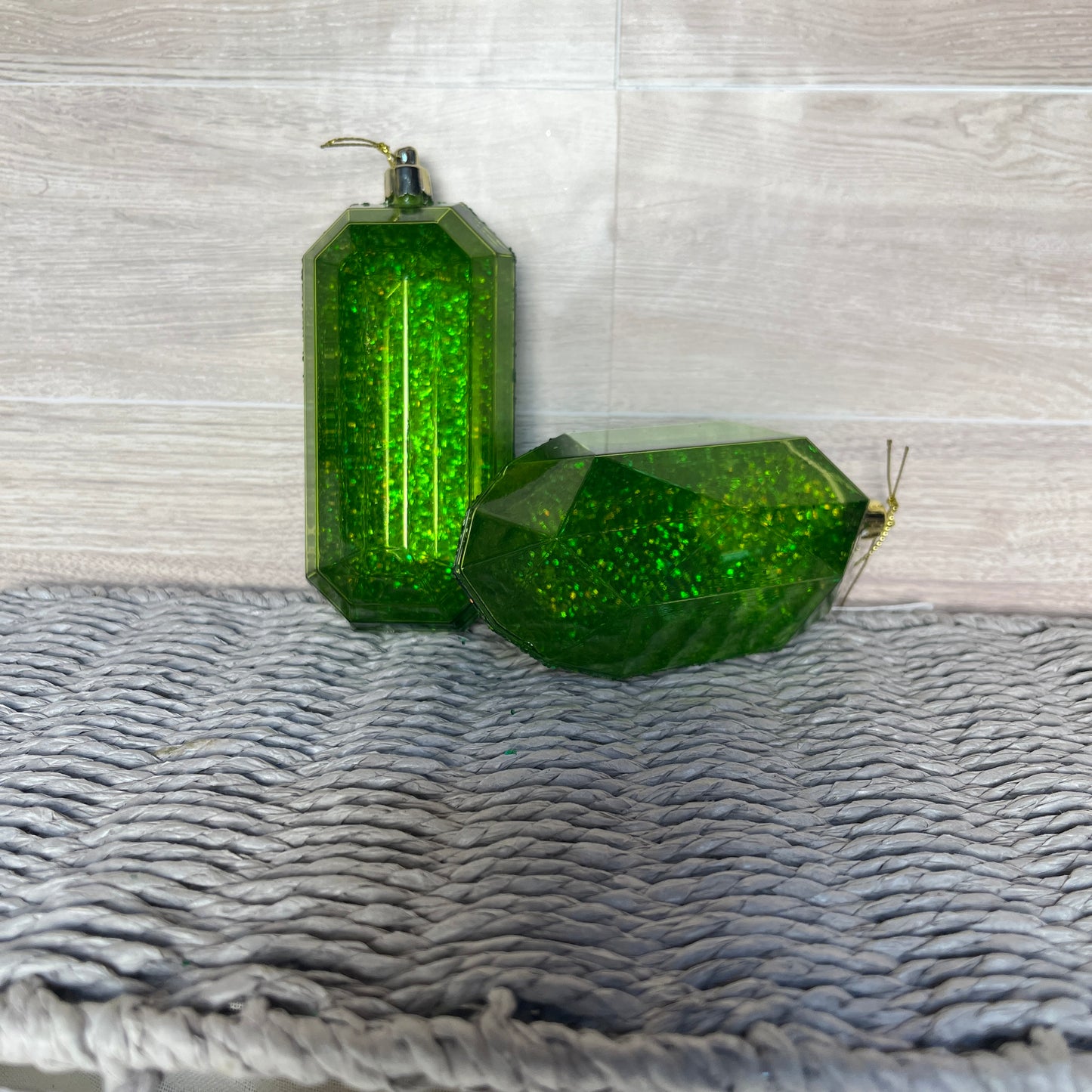 2 Assortment 5.25"L Laser Glitter Gem Ornament- Lime Green