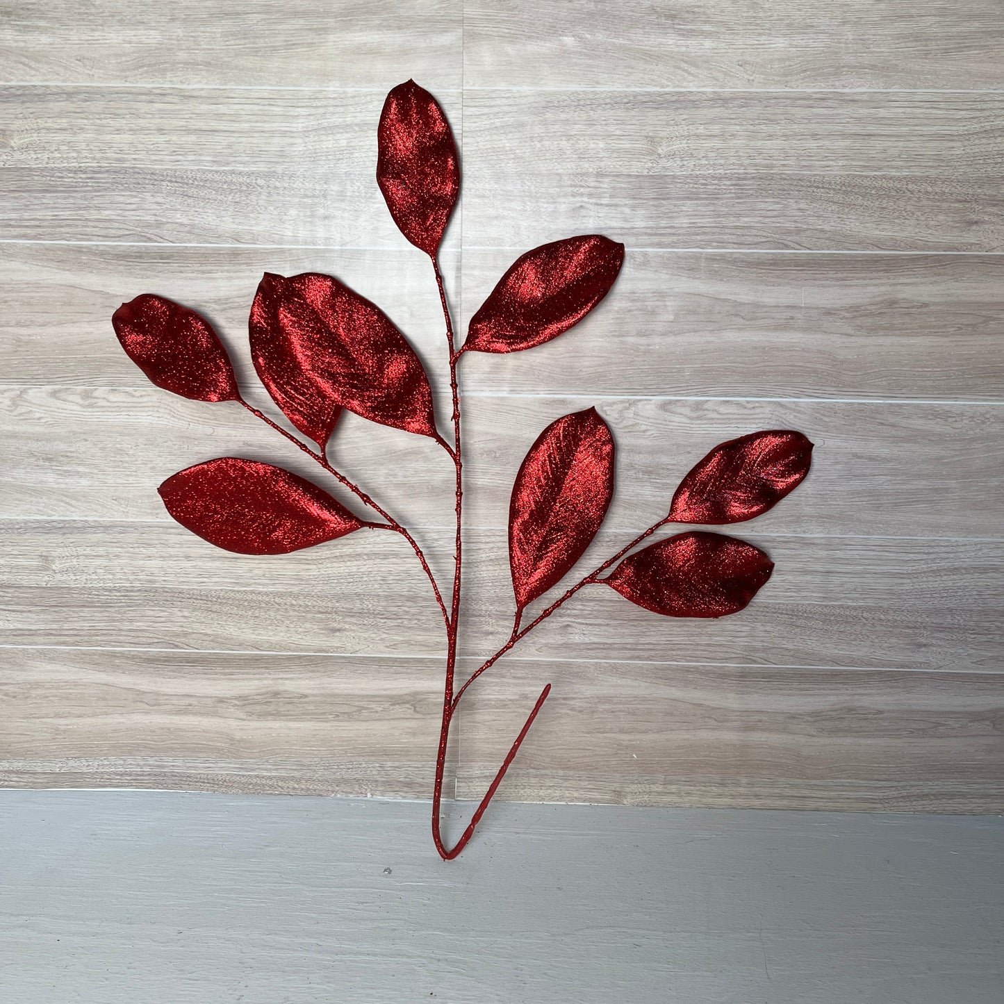 Fine Glitter Magnolia Leaf Stem-Red
