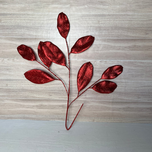 Fine Glitter Magnolia Leaf Stem-Red