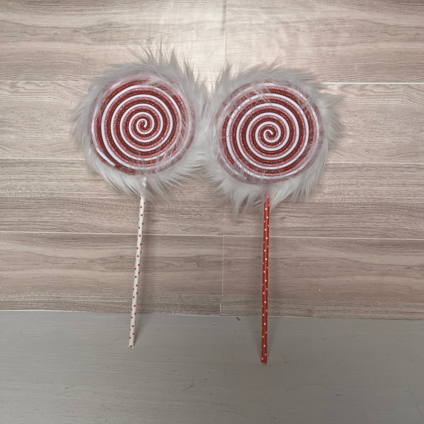 White Fur with Red, Pink, White Foam Lollipops (2)