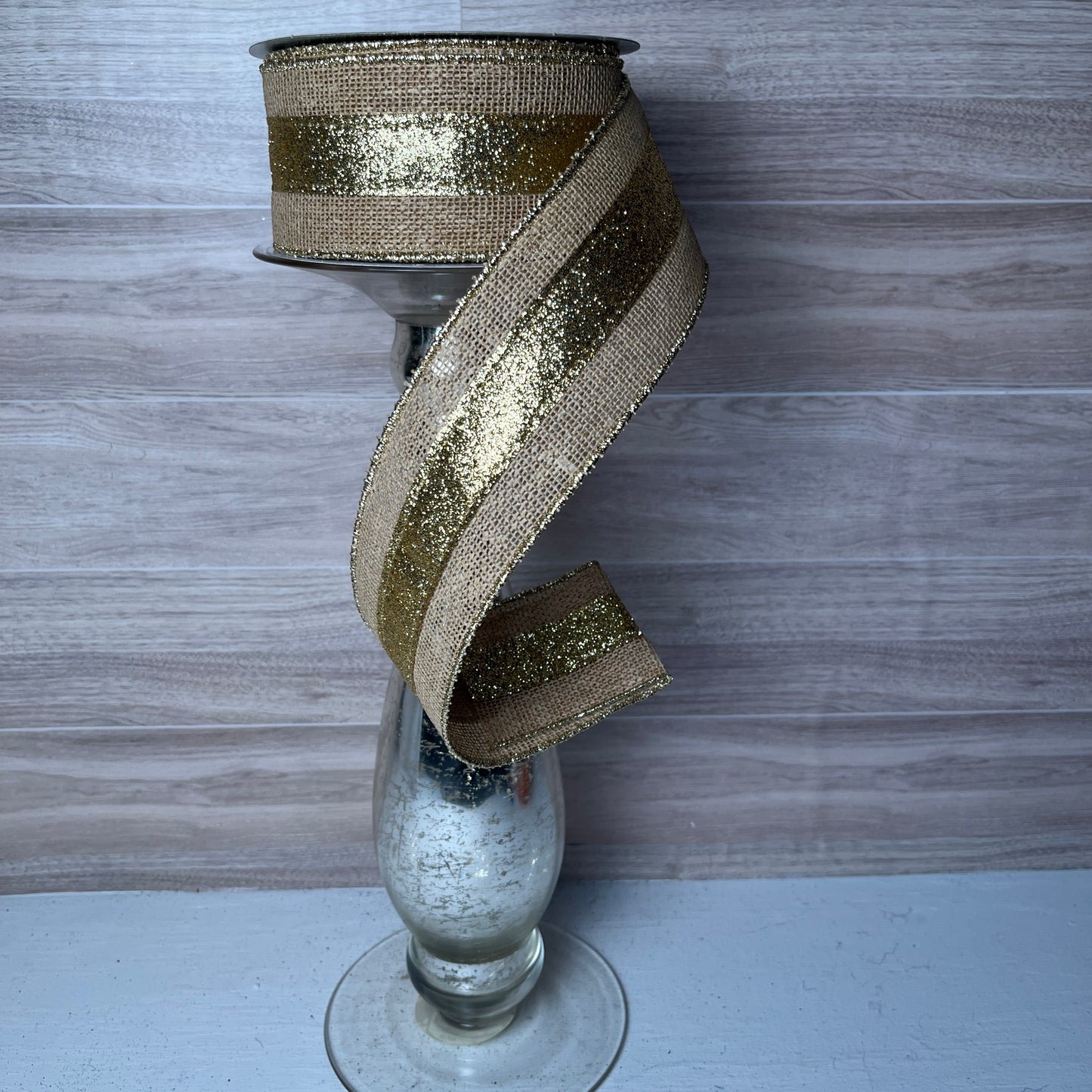 2.5" x 10yd 2-In-1 Burlap/Glitter Stripe Natural Gold