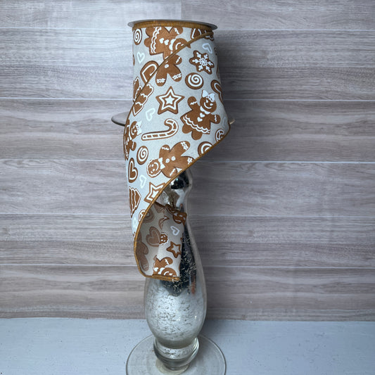 4"X10YD Gingerbread Ribbon Cream Brown Tan