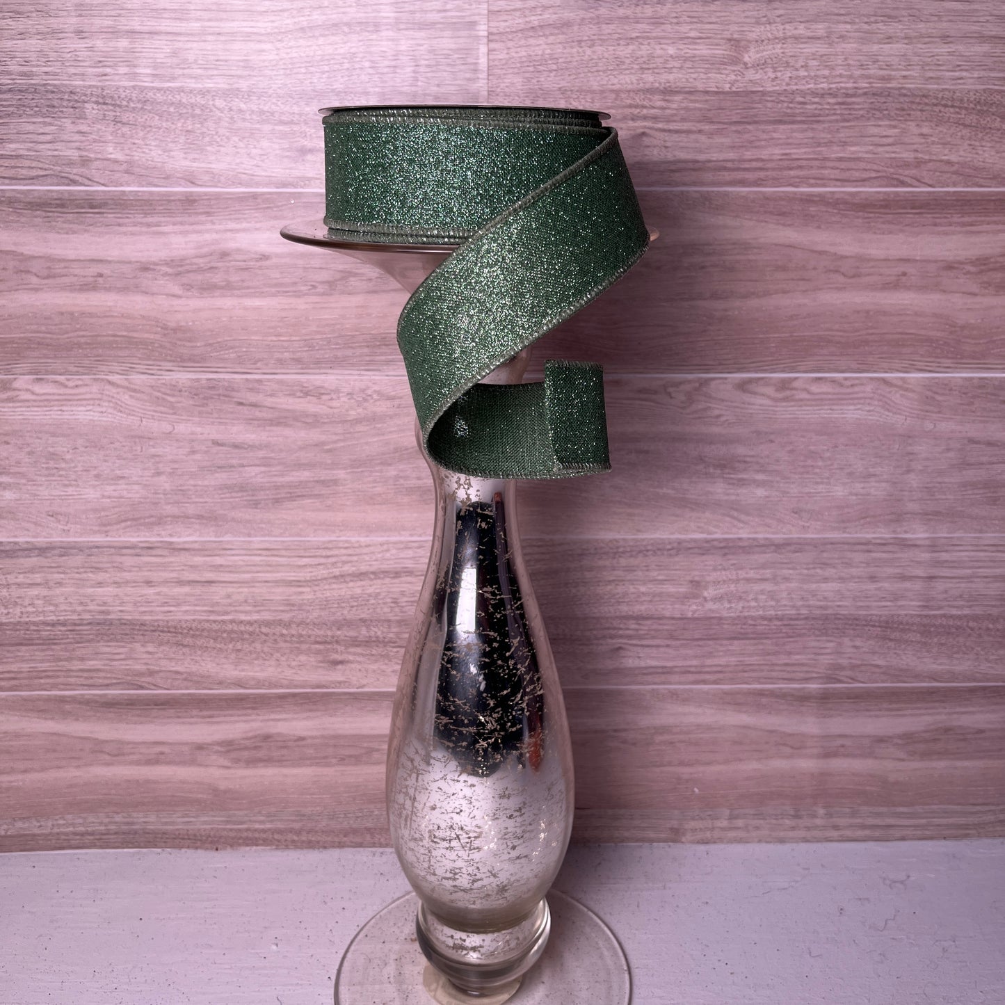 1.5"X10YD Sage Green Fine Glitter on Burlap Ribbon