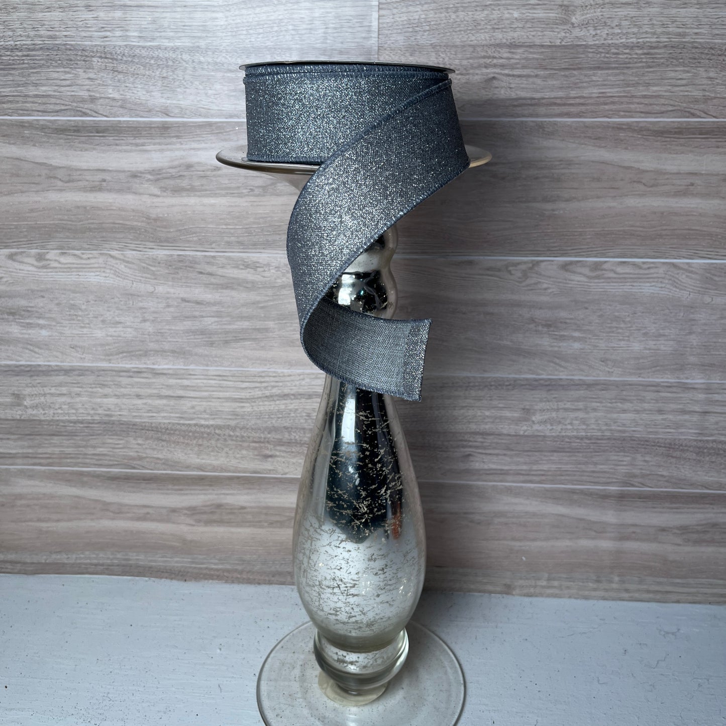 1.5"X10YD Silver Gray Fine Glitter on Burlap Ribbon