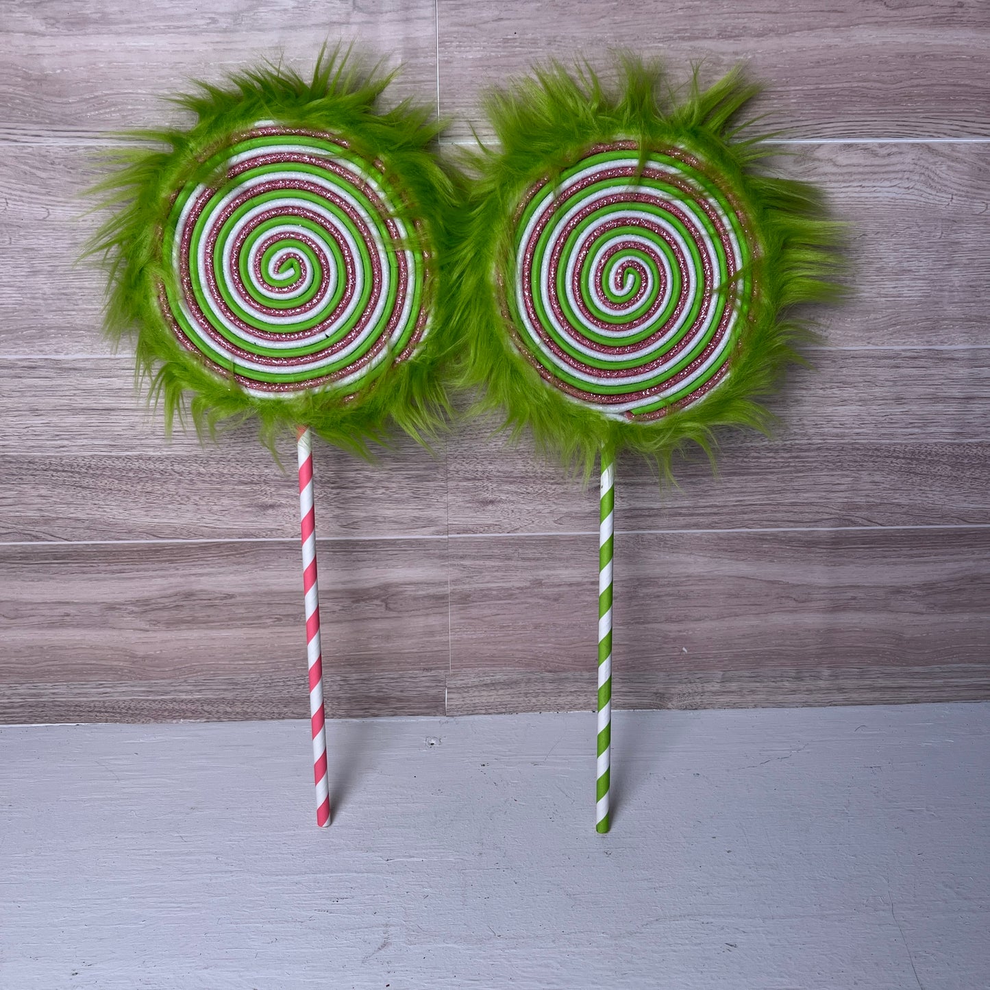 Small Lime Green, Pink, White Faux Lollipop with Fur SET 2