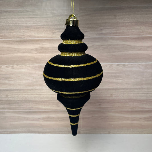 9.75LX4.75H DIA Flocked Finial Ornament Black Gold